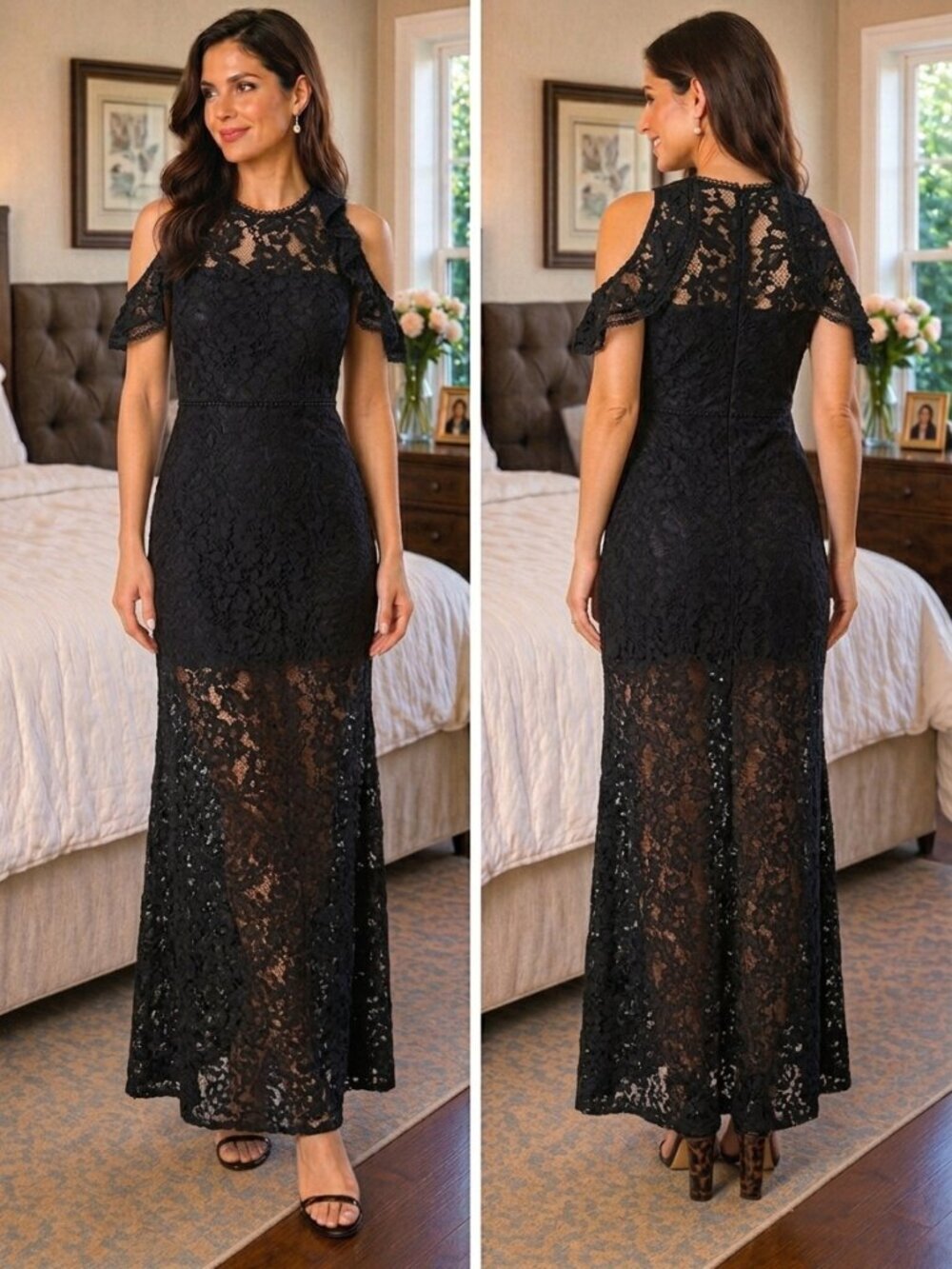 Alexis Black Open Shoulder Evie Lace Gown $650